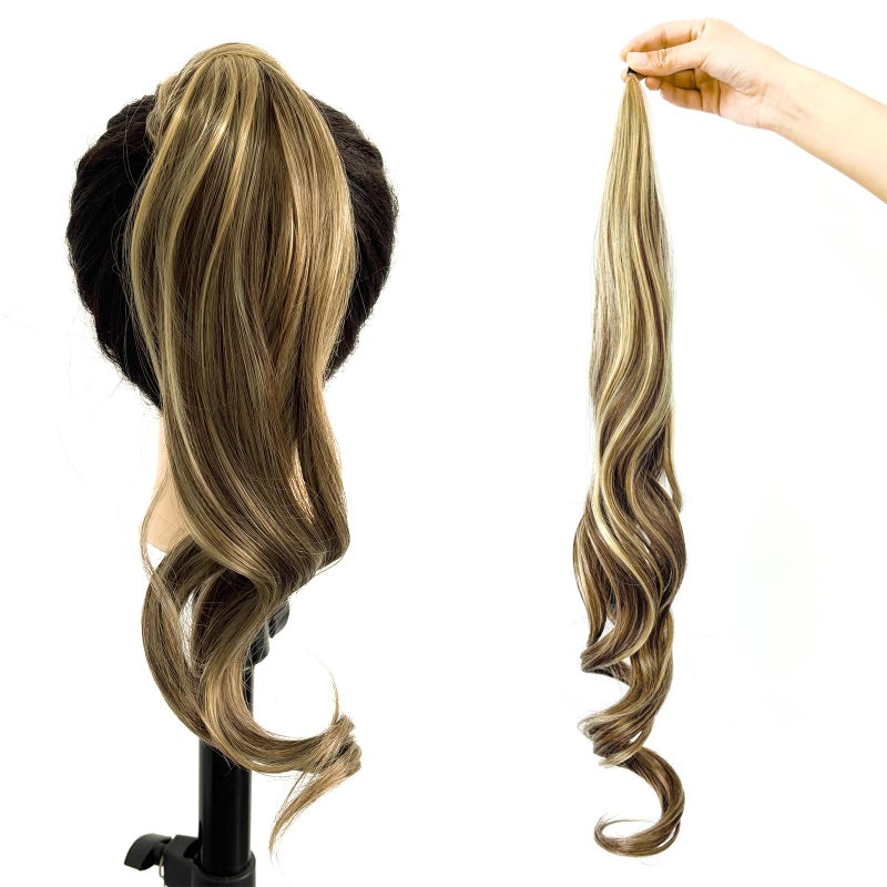 Chicmoi Chocolate Brown Ponytail Extainson with Blonde Highlight 32 Inch Flexible Wrap Around Ponytail Hair Extension Long Wavy Pony Tails hair Extension Synthetic Hairpieces For Women and Girls - Image 1