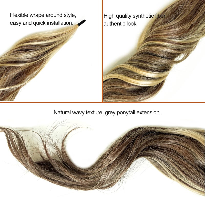 Chicmoi Chocolate Brown Ponytail Extainson with Blonde Highlight 32 Inch Flexible Wrap Around Ponytail Hair Extension Long Wavy Pony Tails hair Extension Synthetic Hairpieces For Women and Girls - Image 2