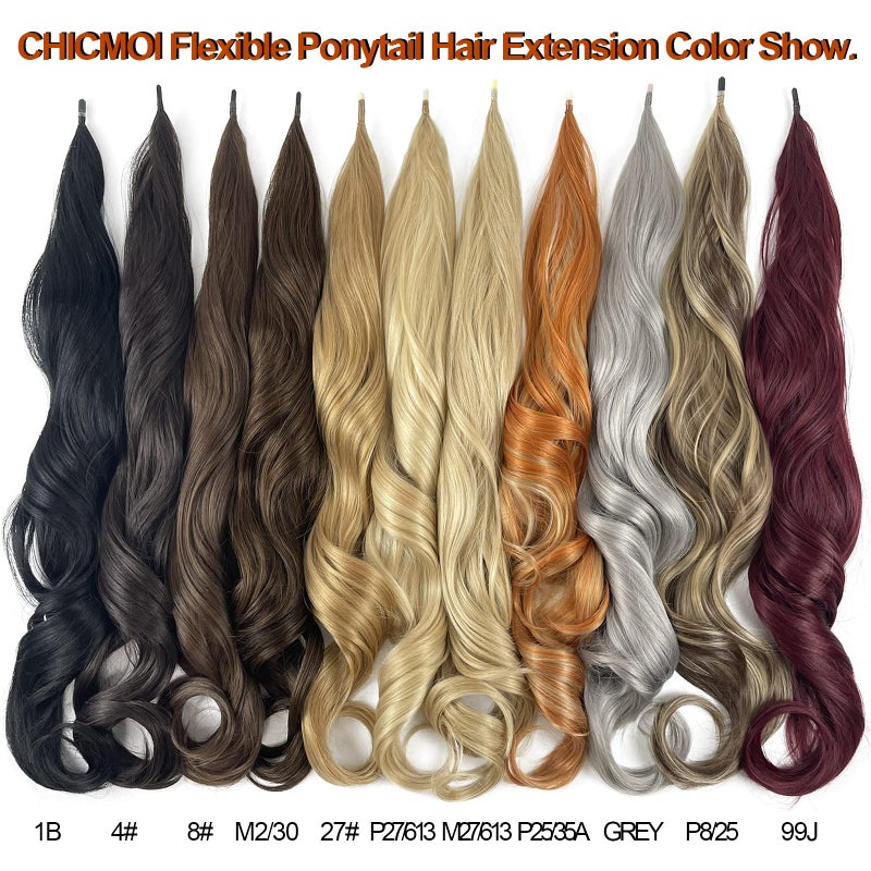 Chicmoi Chocolate Brown Ponytail Extainson with Blonde Highlight 32 Inch Flexible Wrap Around Ponytail Hair Extension Long Wavy Pony Tails hair Extension Synthetic Hairpieces For Women and Girls - Image 5