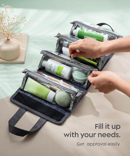 atorakushon Hanging RollUp Makeup BagToiletry KitTravel Organizer with 4 Removable Storage Bags for Jewellery Cosmetics First Aid Medicine Personal Care BathroomBrush Holder Gray - Image 3