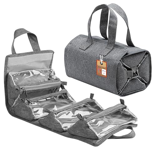 atorakushon Hanging RollUp Makeup BagToiletry KitTravel Organizer with 4 Removable Storage Bags for Jewellery Cosmetics First Aid Medicine Personal Care BathroomBrush Holder Gray - Image 1