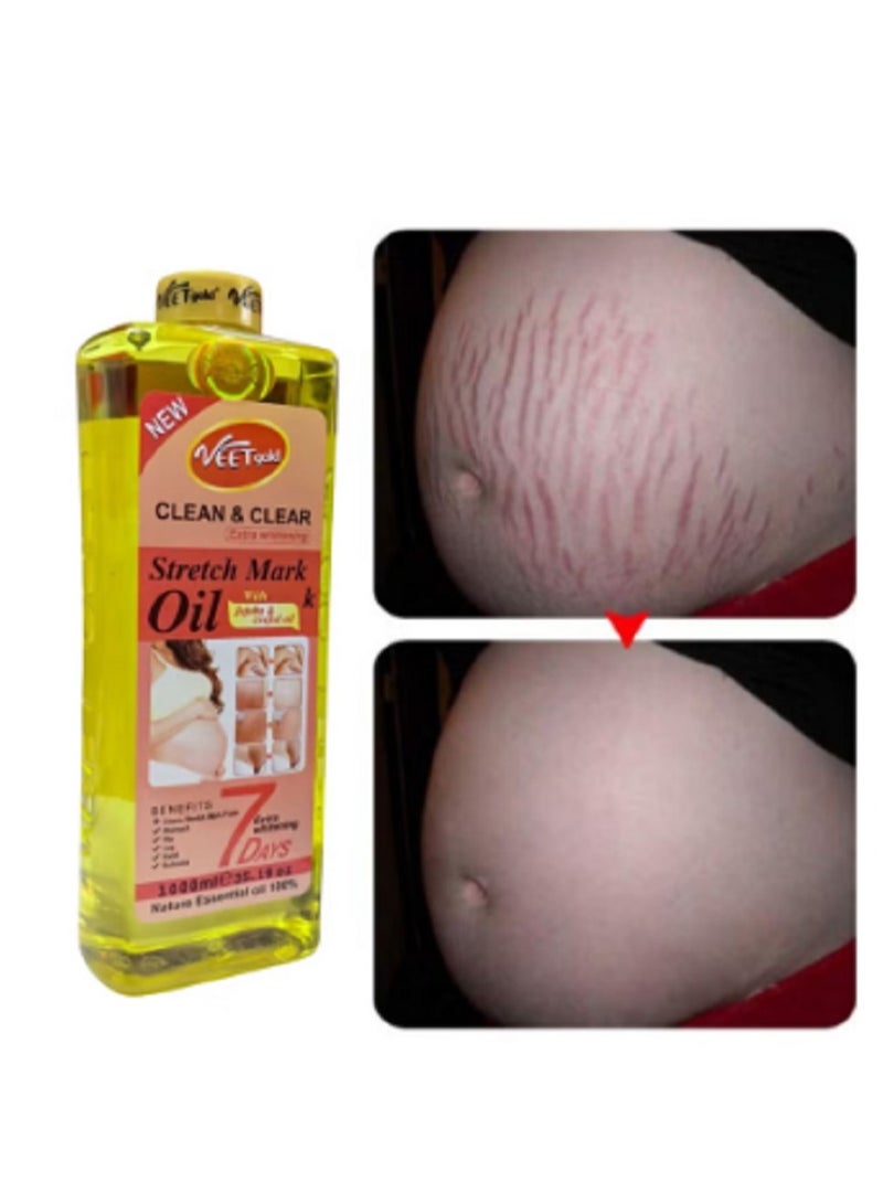 Veet gold 1000ML Natural Stretch Mark Oil for Pregnancy Marks, Clean & Clear Birth Mark Oil, Natural Oil for Growing Areas, Scars, Stomach, Leg, Hand, Hip, Buttocks Jojoba Codfish Oil Maternity Skin Elasticity - Image 1