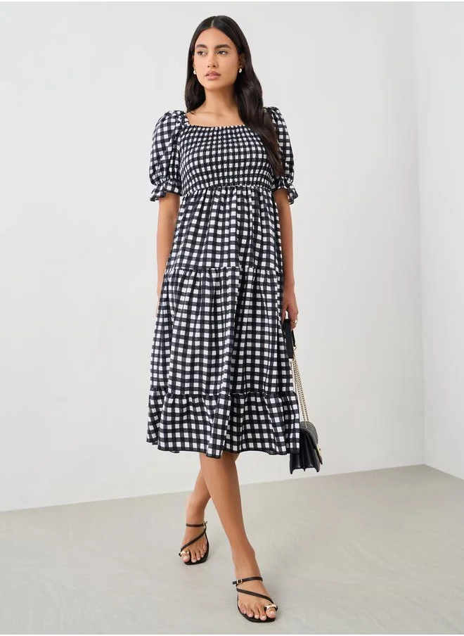 Take Two Take Two Checked Puff Sleeve Knee Length Dress with Smocked Detail