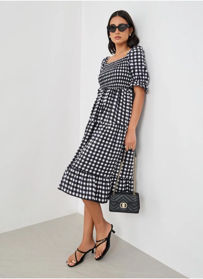 Take Two Take Two Checked Puff Sleeve Knee Length Dress with Smocked Detail