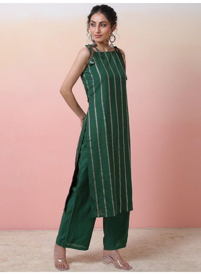 AKS Women Striped Chanderi Silk Kurta with Palazzos  - Image 4