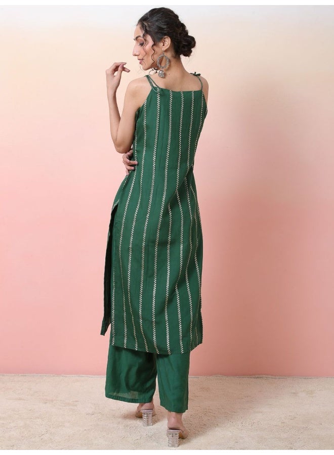 AKS Women Striped Chanderi Silk Kurta with Palazzos  - Image 5