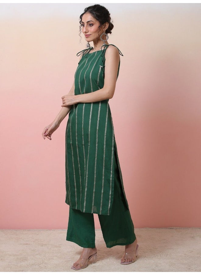 AKS Women Striped Chanderi Silk Kurta with Palazzos  - Image 3