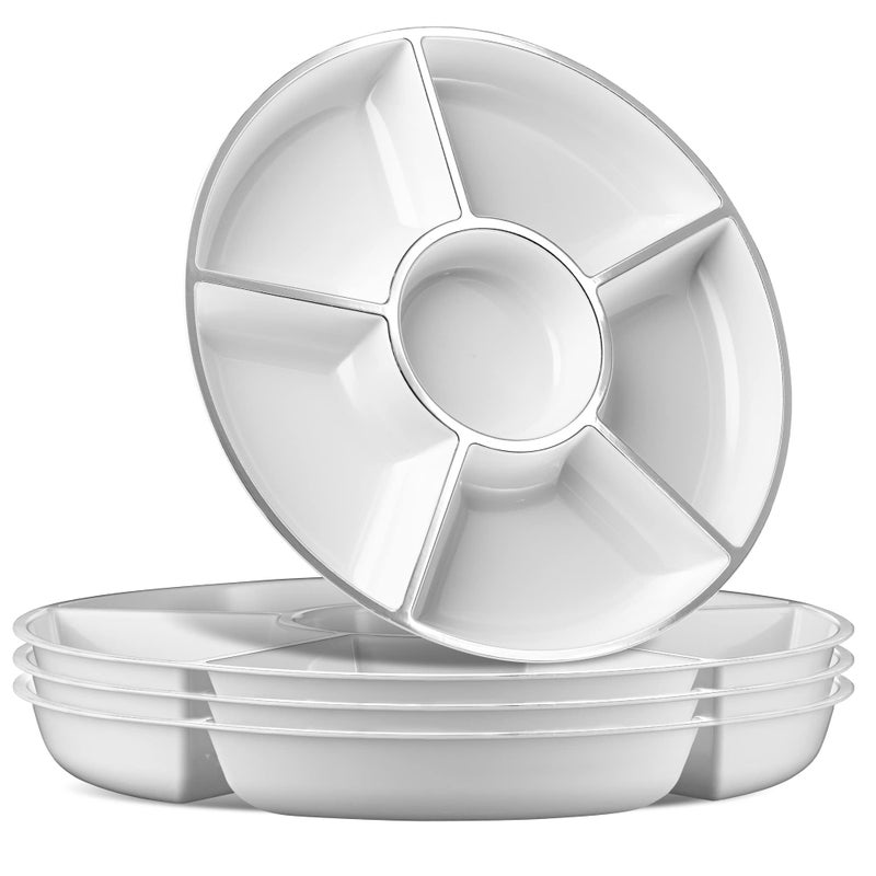 Plasticpro 6 Sectional Round Plastic Serving Tray/Platters White & Silver Pack of 4