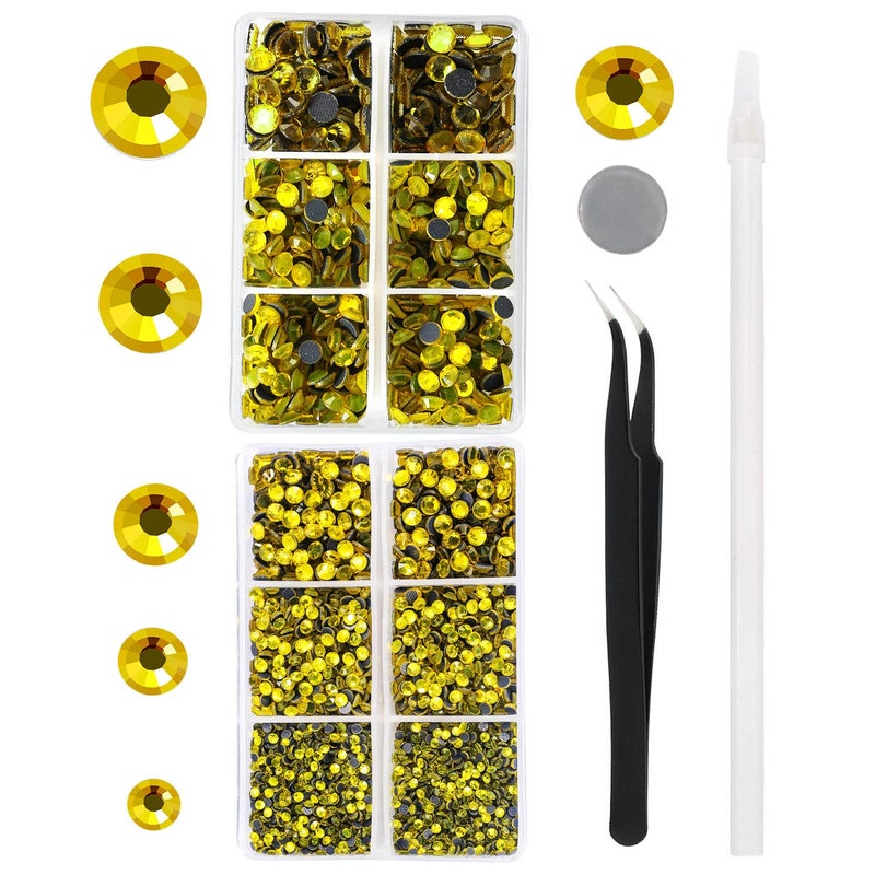 MEIBITE 6796PCS Yellow Hotfix Rhinestones Crystal Stones Glass for Fabric Clothes Shirts Sparkly Flat Back Round with Tweezers and Picking Pen SS6SS30 Set
