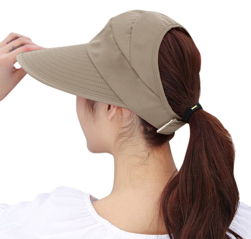 HINDAWI Sun Hats for Women Wide Brim UV Protection Summer Beach Visor Cap Khaki - Image 2