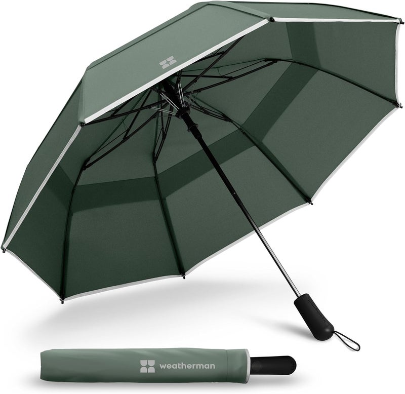 Weatherman Premium Collapsible Small Travel Umbrella Compact - Windproof, Resists Up to 55 MPH Winds - Foldable Travel Umbrellas for Rain & Wind - Easy Auto Open w/Strong Fiberglass Frame (Sage) - Image 1