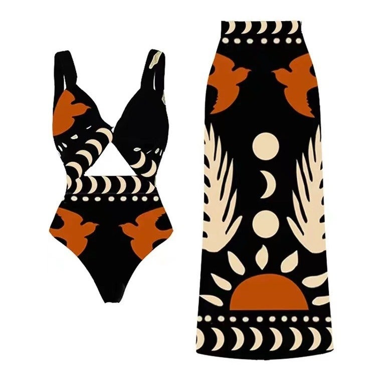 Bikini One-Piece Swimsuit Wrap Skirt Suit Vintage Beach Dress Backless Swimwear Bikini - Image 2