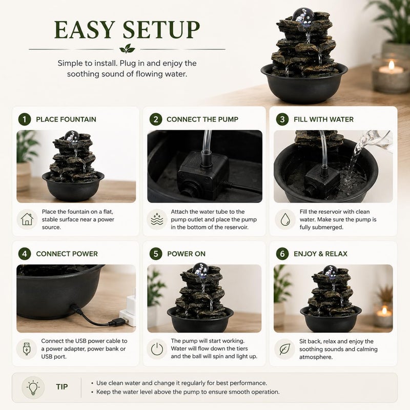 Creative Touch Heart of Nature Indoor Water Fountain with LED Light AND Colour Changing Spinning Ball USB Included - Image 5
