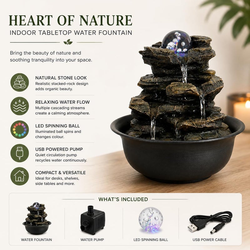 Creative Touch Heart of Nature Indoor Water Fountain with LED Light AND Colour Changing Spinning Ball USB Included - Image 3
