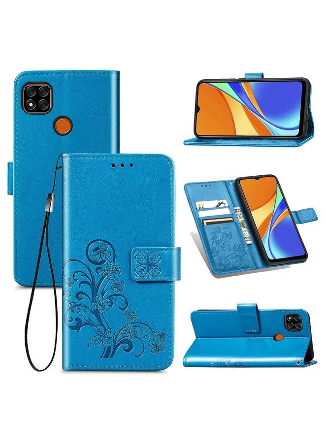 HuHa Case Cover For Xiaomi Redmi 9C Four-leaf Clasp Embossed Buckle Horizontal Flip TPU + PU Leather Case with Lanyard & Card Slot & Wallet & Holder Blue 