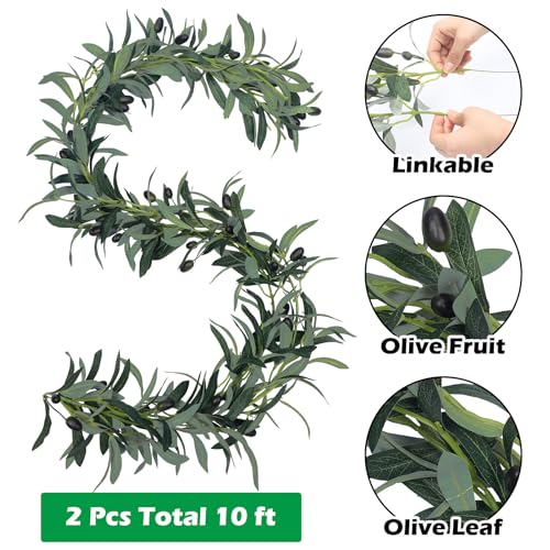 Giegxin 2 Pcs Total 10 ft Artificial Olive Leaf Vine Artificial Garland Hanging Green Vine with Fake Fruits Greenery Olive Leaves Decor for Wedding Backdrop Home Office Garden Wall Door - Image 3