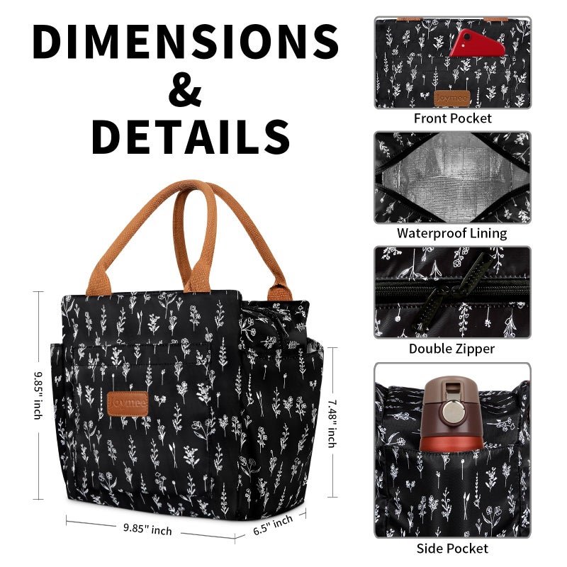 Joymee Lunch Bag Women Insulated Lunch Box Reusable Leakproof Large Cooler Tote for Womens Mens Adults with Bottle Holder and Side Pockets for Work Office Picnic - White Little Flowers - Image 2
