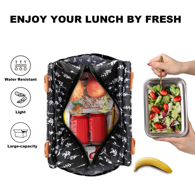 Joymee Lunch Bag Women Insulated Lunch Box Reusable Leakproof Large Cooler Tote for Womens Mens Adults with Bottle Holder and Side Pockets for Work Office Picnic - White Little Flowers - Image 3