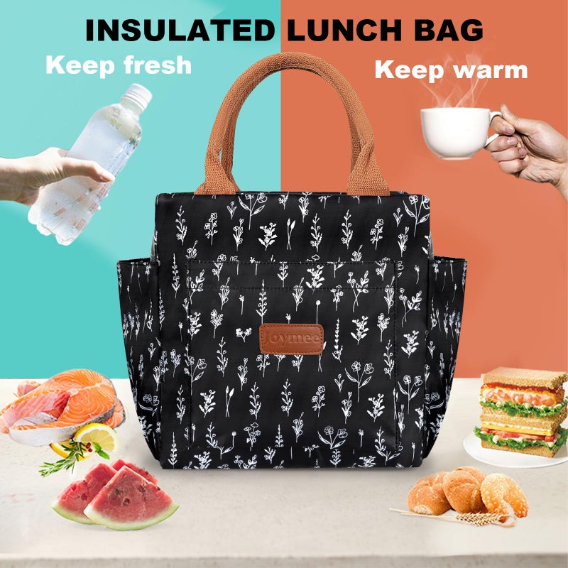 Joymee Lunch Bag Women Insulated Lunch Box Reusable Leakproof Large Cooler Tote for Womens Mens Adults with Bottle Holder and Side Pockets for Work Office Picnic - White Little Flowers - Image 5