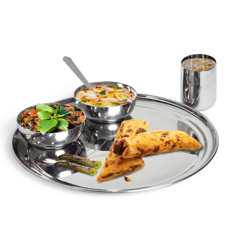Dharam Paul Traders Stainless Steel Plate Set for Dinner, Steel Dinner Set of 5 Pieces., Laser Print - Image 1
