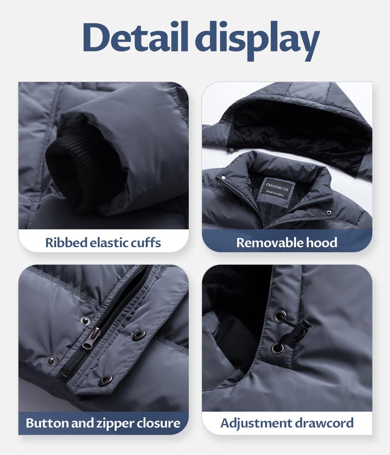 CREATMO US Men's Thicken Parka Puffer Jacket Water Resistant Coat Winter Ultra Loft Quilted Cotton Outerwear Falls Jacket Removable Hood Grey M - Image 5