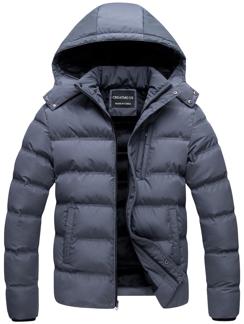 CREATMO US Men's Thicken Parka Puffer Jacket Water Resistant Coat Winter Ultra Loft Quilted Cotton Outerwear Falls Jacket Removable Hood Grey M - Image 1