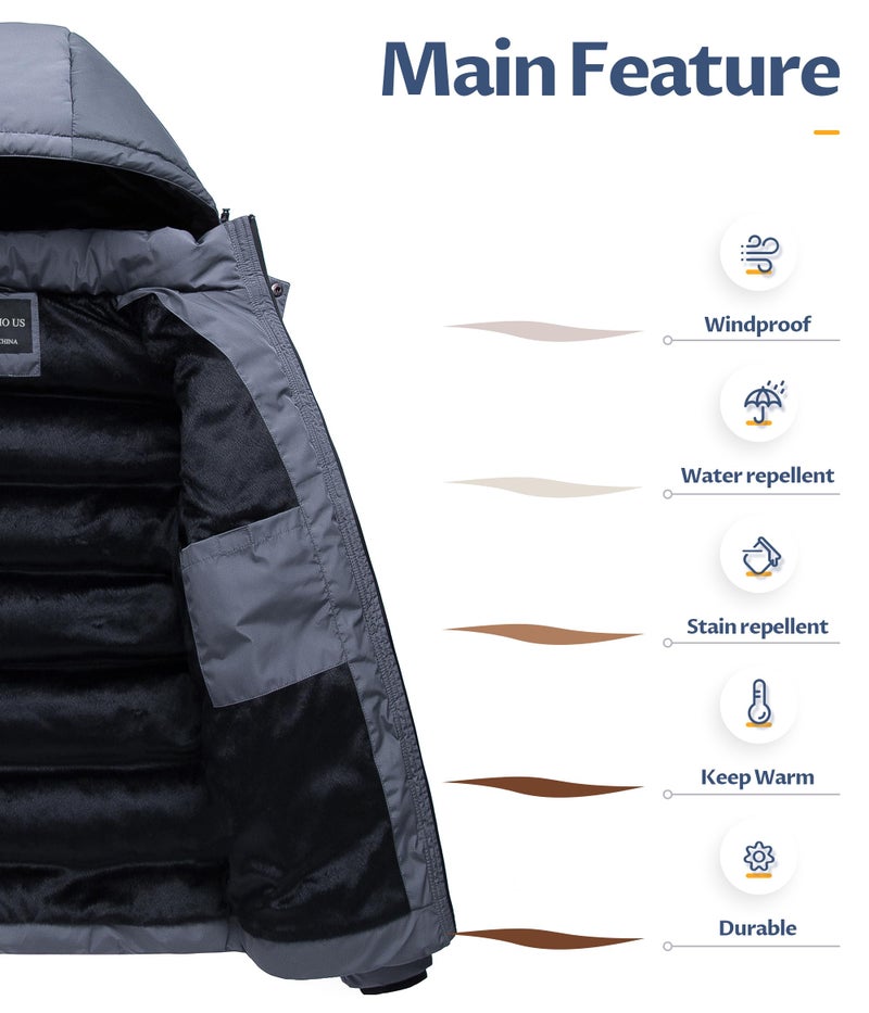 CREATMO US Men's Thicken Parka Puffer Jacket Water Resistant Coat Winter Ultra Loft Quilted Cotton Outerwear Falls Jacket Removable Hood Grey M - Image 3