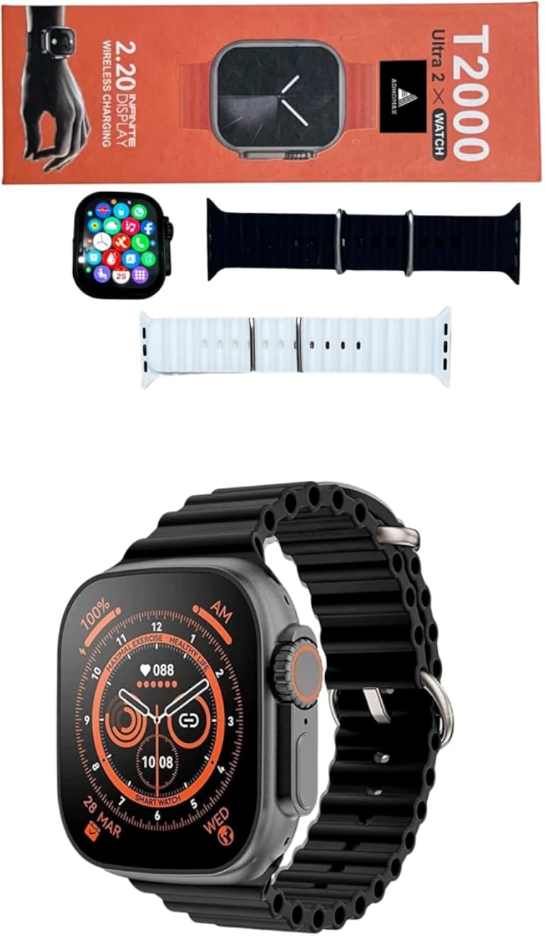 ADHOMAX New T2000 ultra2 smart watch, Elegant Design 49MM HD display, NFC, Bluetooth Calls Wireless Charging,SPO2, Fitness Tracker, compatible with IOS, android for men, women (Black+White)