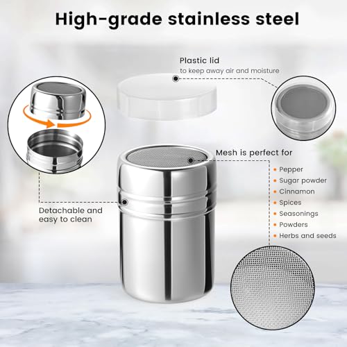 HANSGO Powdered Sugar Shaker Duster, 2PCS Stainless Steel Cinnamon Shaker for Coffee Bar, Fine Mesh Dredge, Salt and Pepper Shakers for Soda, Cocoa, Cornstarch, Seasoning, 6 Ounce, with Lid - Image 3
