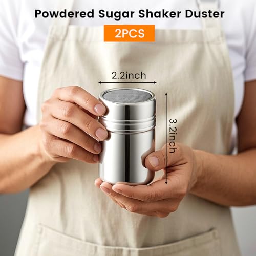 HANSGO Powdered Sugar Shaker Duster, 2PCS Stainless Steel Cinnamon Shaker for Coffee Bar, Fine Mesh Dredge, Salt and Pepper Shakers for Soda, Cocoa, Cornstarch, Seasoning, 6 Ounce, with Lid - Image 2