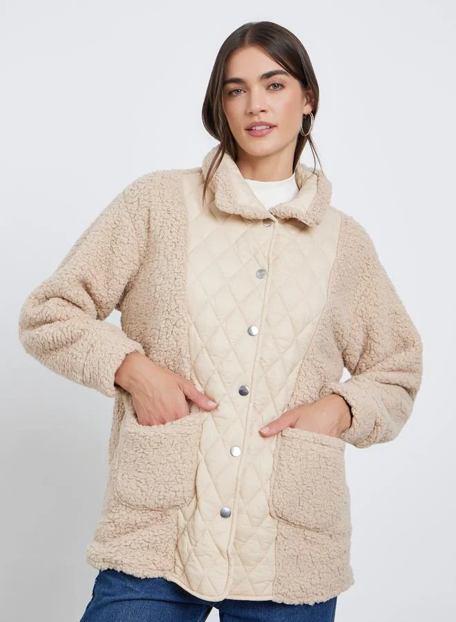 Styli Cream Faux Fur Quilted Jacket