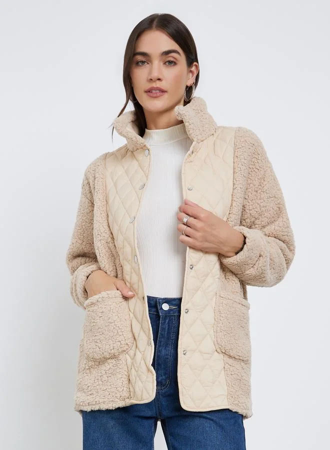 Styli Cream Faux Fur Quilted Jacket