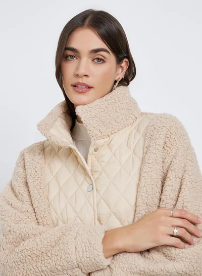 Styli Cream Faux Fur Quilted Jacket