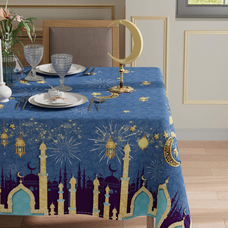 XCHI Green Castle Golden Lantern Stars and Moons Ramadan Mubarak Tablecloth Rectangle Table Cloth Table Covers for Indoor Dining Home Party Decorations 60x84 Inch - Image 2