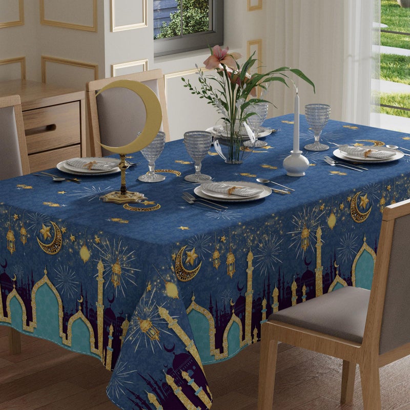 XCHI Green Castle Golden Lantern Stars and Moons Ramadan Mubarak Tablecloth Rectangle Table Cloth Table Covers for Indoor Dining Home Party Decorations 60x84 Inch - Image 1