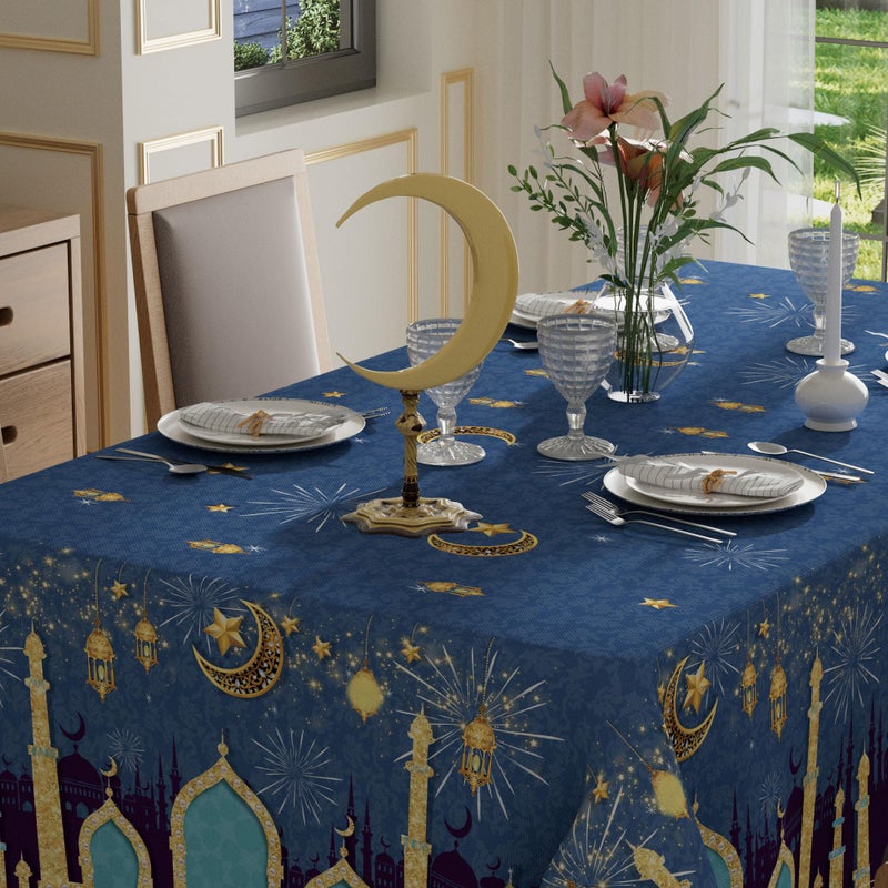 XCHI Green Castle Golden Lantern Stars and Moons Ramadan Mubarak Tablecloth Rectangle Table Cloth Table Covers for Indoor Dining Home Party Decorations 60x84 Inch - Image 3