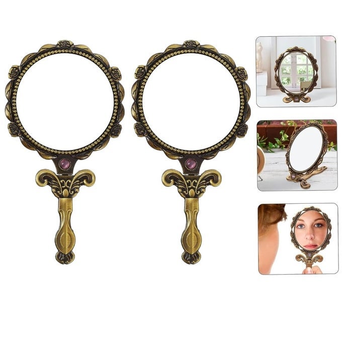 PORTABLE FOLDING MAKEUP HAND MIRROR VINTAGE ROUND METAL FRAME VANITY MIRROR WITH HANDLE TABLETOP OR HANDHELD USE FOR DESK TRAVEL CAMPING BRONZE PACK OF 2