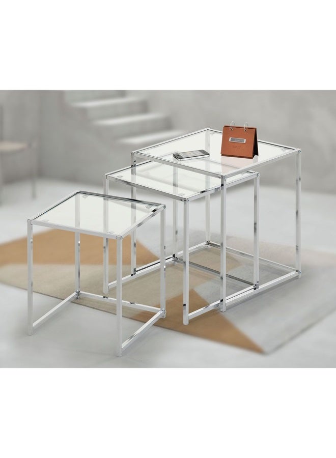 DANUBE HOME مجموعة من 3 طاولات زجاجية متداخلة من جورلي - كروم/زجاج شفاف - Image 1