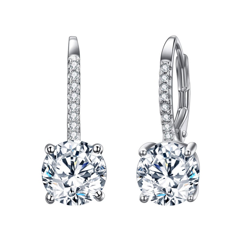 EVER FAITH 925 Sterling Silver Round Cut CZ Prong Setting Gorgeous Leverback Dangle Earrings Clear - Image 1