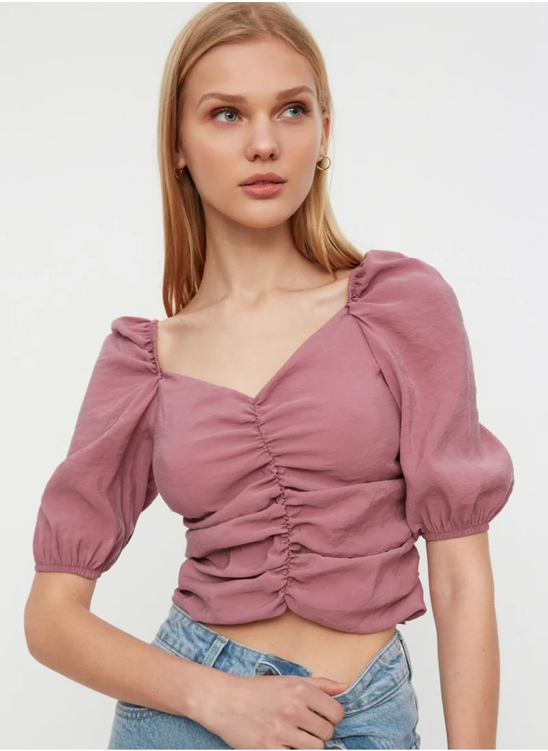 trendyol Pleated Puff Sleeve Crop Top