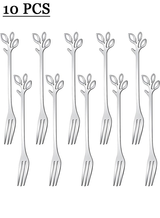 10 Pcs Leaf Shape Fruit Forks Set, Stainless Steel Silver Fruit Salad Forks, 4.7 Inches Tasting Dessert Forks (Silver) - Image 1