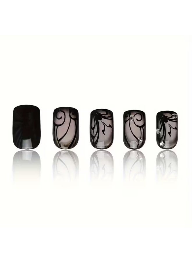 Goolsky Short Square Press On Nails, Black Vine Design Fake Nails,Full Cover False Nails For Women And Girls - Image 5