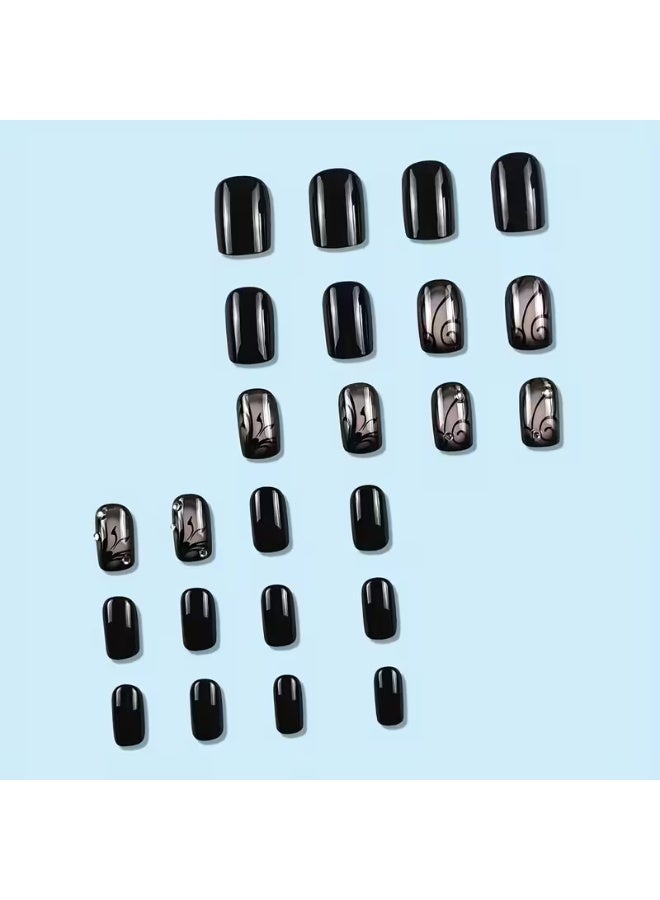 Goolsky Short Square Press On Nails, Black Vine Design Fake Nails,Full Cover False Nails For Women And Girls - Image 4