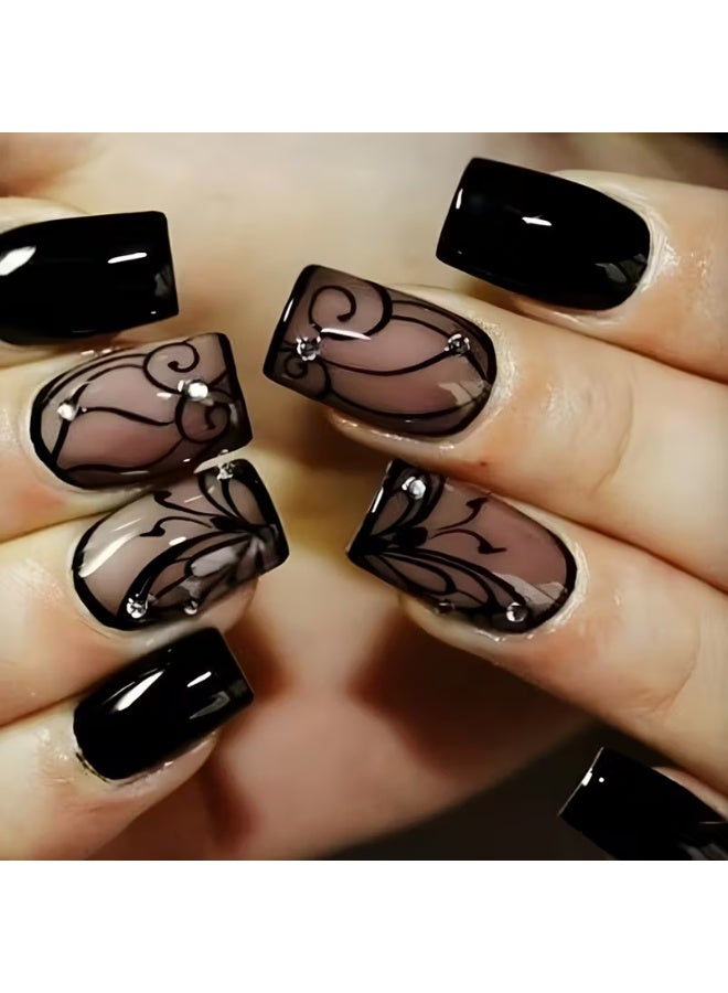 Goolsky Short Square Press On Nails, Black Vine Design Fake Nails,Full Cover False Nails For Women And Girls - Image 1