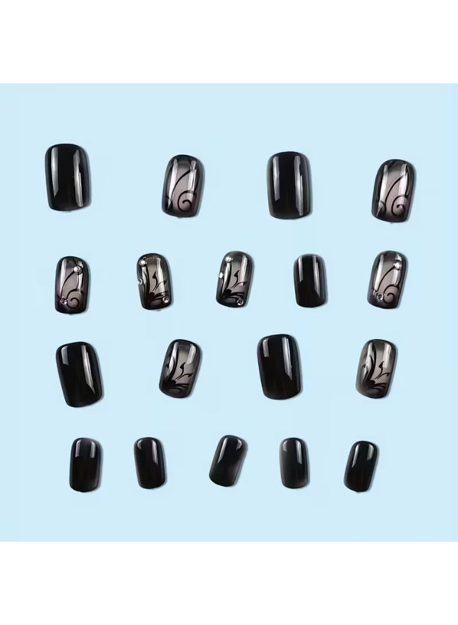 Goolsky Short Square Press On Nails, Black Vine Design Fake Nails,Full Cover False Nails For Women And Girls - Image 2