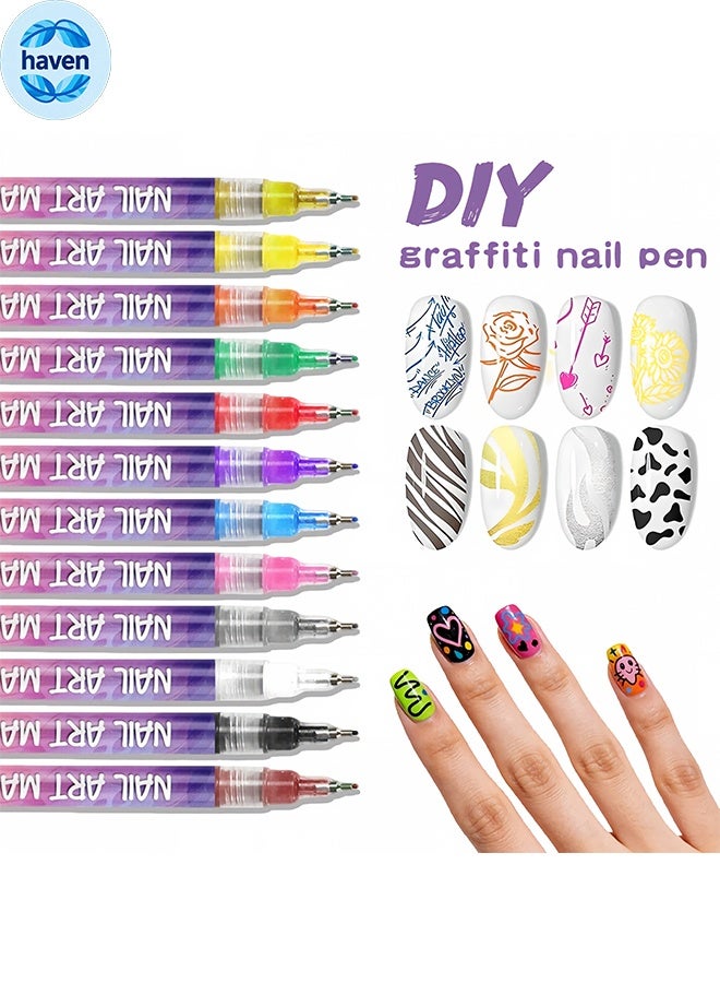 12 Colors Nail Art Pens Set Fine Tip 3D Nail Art Pens 0 5Mm Nail Marker Dotting Liner Pens For Drawing Painting Quick Dry Nail Designs Home Salon Use