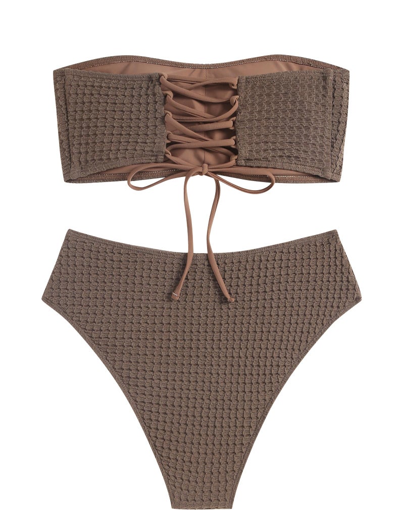 ZAFUL Women's Textured Bandeau Bikini Strapless Solid Color 2 Pieces Bathing Back Lace-up Suit Swimsuit (7-Brown,M) - Image 2