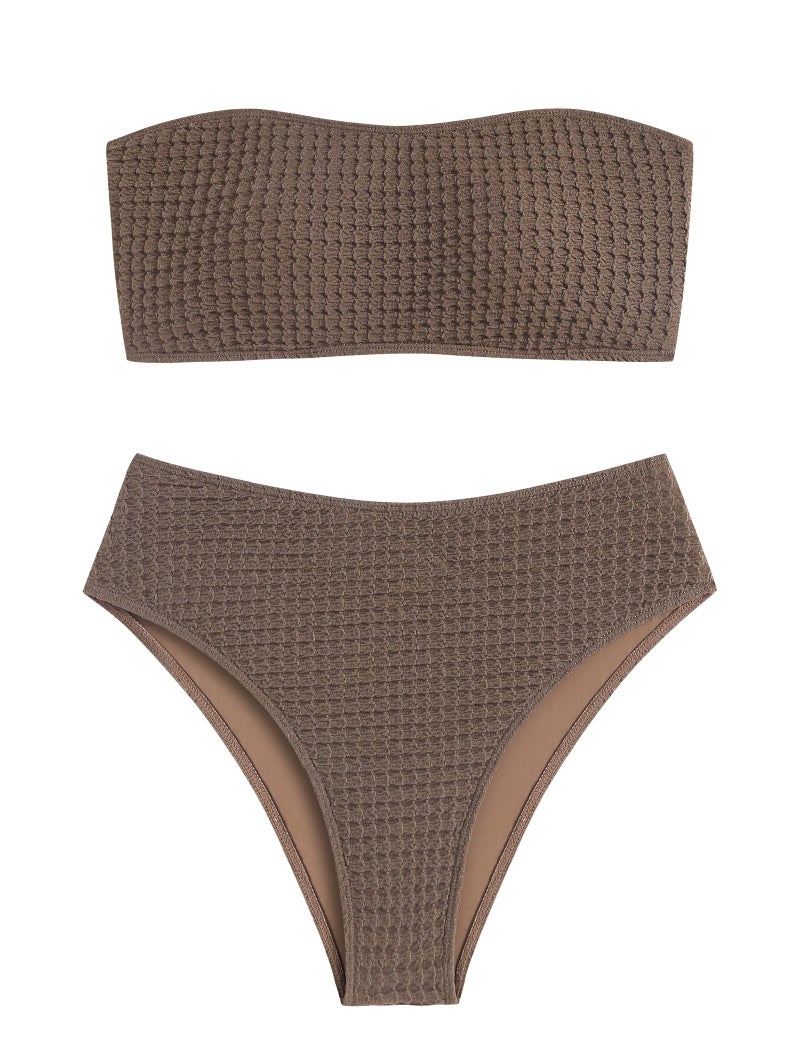 ZAFUL Women's Textured Bandeau Bikini Strapless Solid Color 2 Pieces Bathing Back Lace-up Suit Swimsuit (7-Brown,M) - Image 1