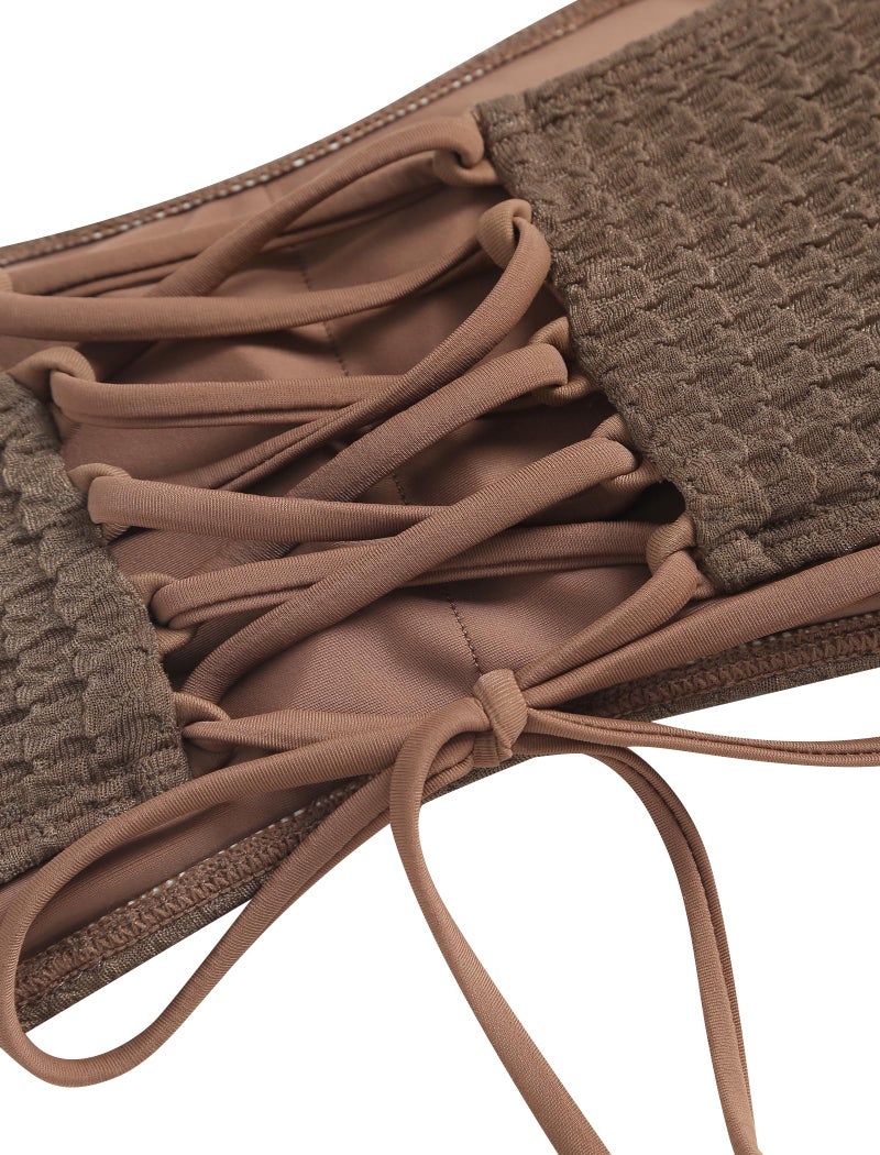 ZAFUL Women's Textured Bandeau Bikini Strapless Solid Color 2 Pieces Bathing Back Lace-up Suit Swimsuit (7-Brown,M) - Image 4