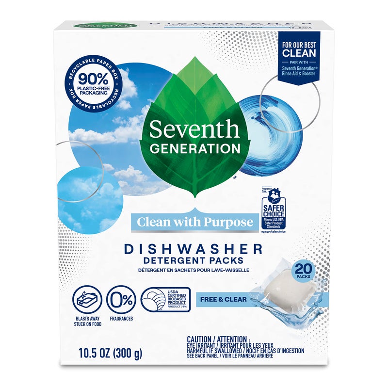 Seventh Generation Dishwasher Detergent Packs, Blasts Away Stuck-On Food, Free & Clear, 20 Packs - Image 1